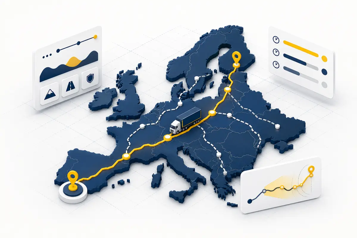 Rete stradale europea con percorso ottimizzato, fermate e camion