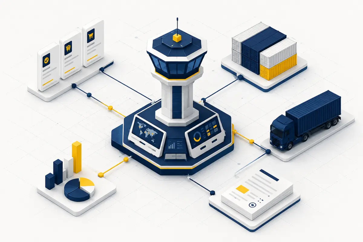 Torre di controllo digitale che connette ordini, trasporti, documenti e costi