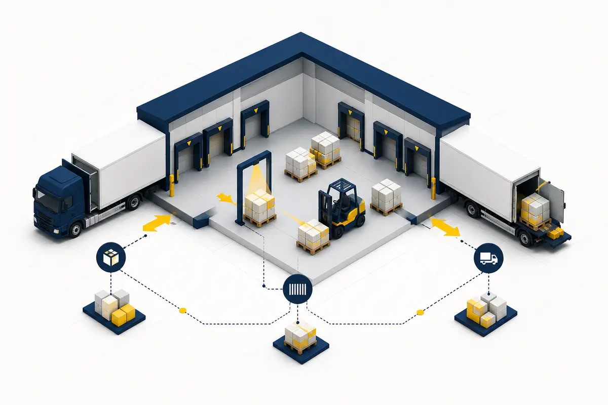 Magazzino cross-docking con baie, pallet, camion e scansione barcode